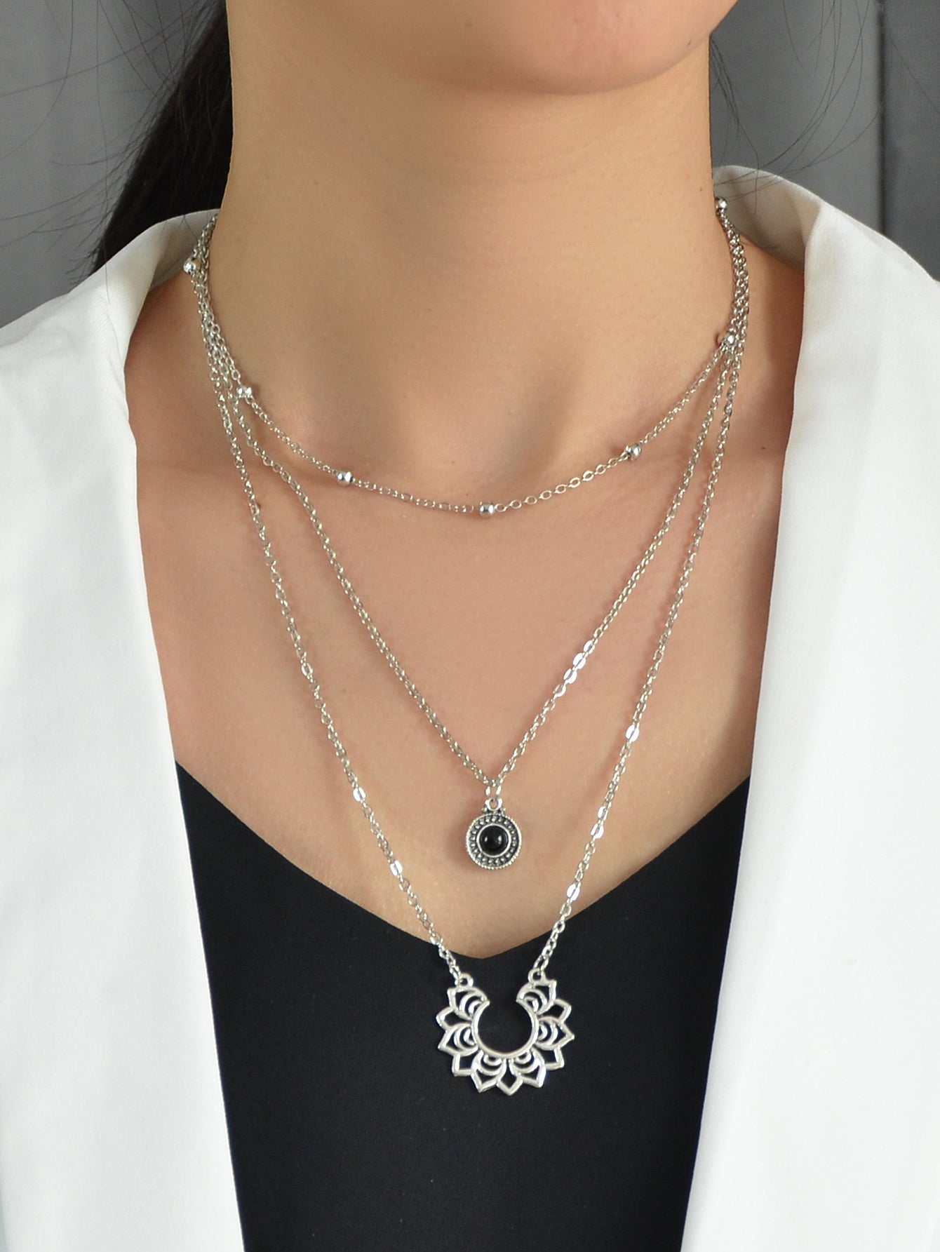 Tribal Ethnic Silver Multi-layer Chain Black Beads Geometric Pendant Necklace-0