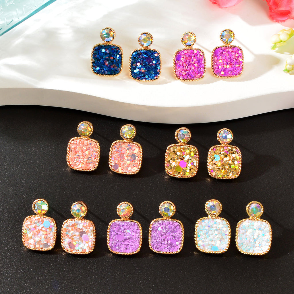 Colorful Square Glitter Sparkle Stud Earrings - Trendy Fashion Jewelry Accessory-0