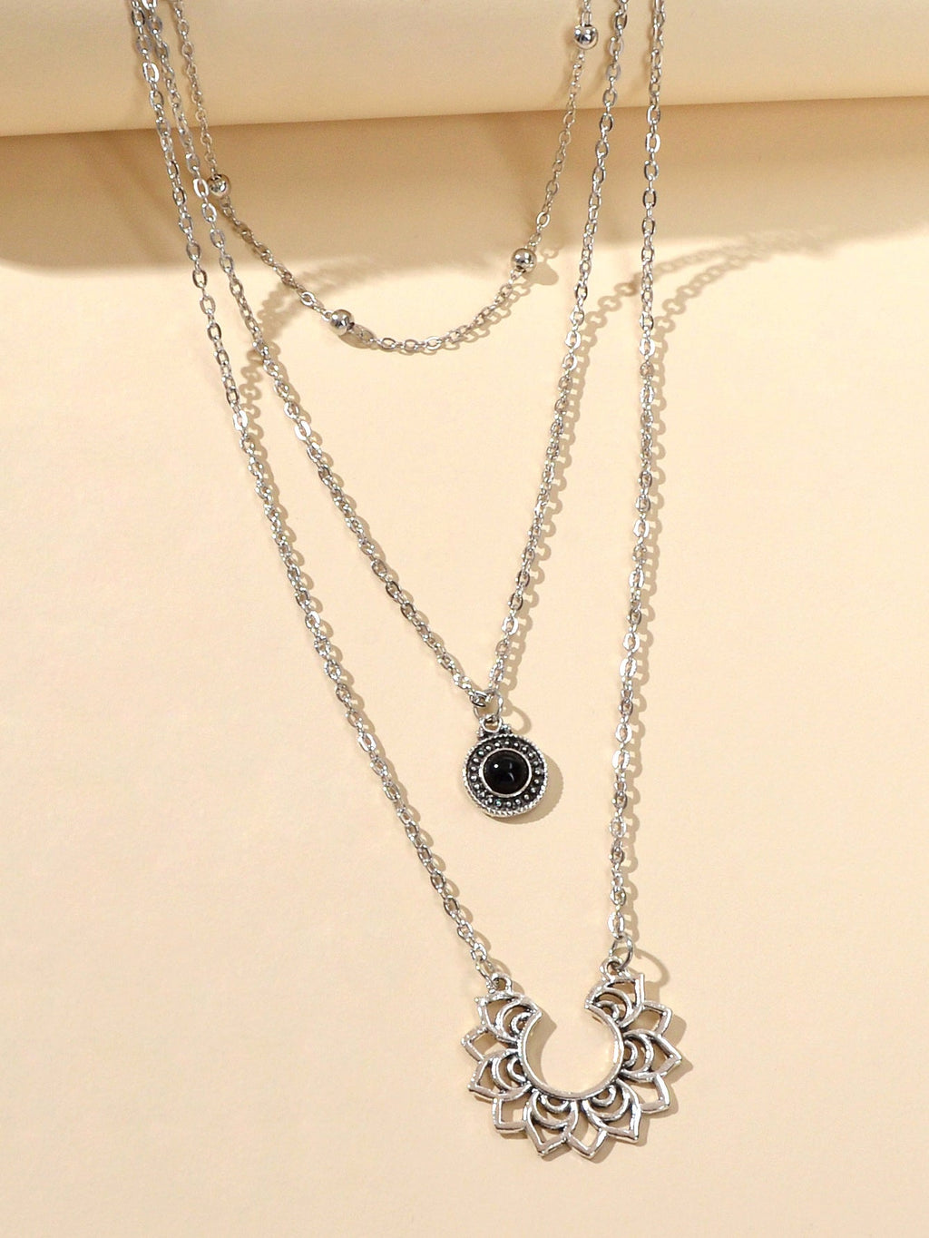 Tribal Ethnic Silver Multi-layer Chain Black Beads Geometric Pendant Necklace-4