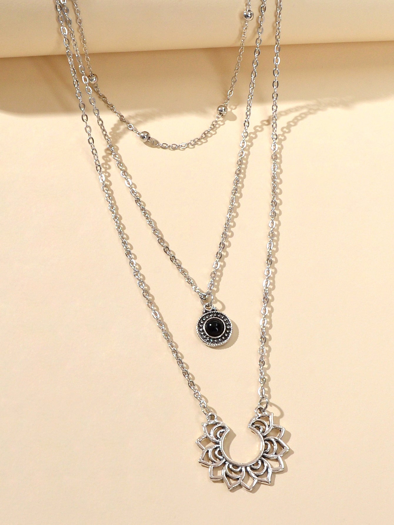 Tribal Ethnic Silver Multi-layer Chain Black Beads Geometric Pendant Necklace-4