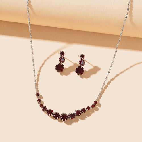 Burgundy Rhinestone Necklace and Winered Earrings Jewelry Set-0