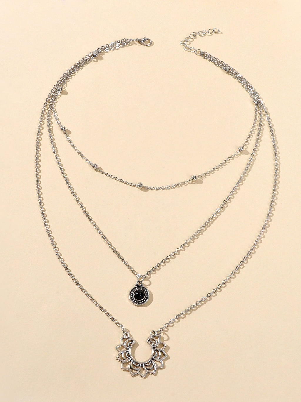 Tribal Ethnic Silver Multi-layer Chain Black Beads Geometric Pendant Necklace-2