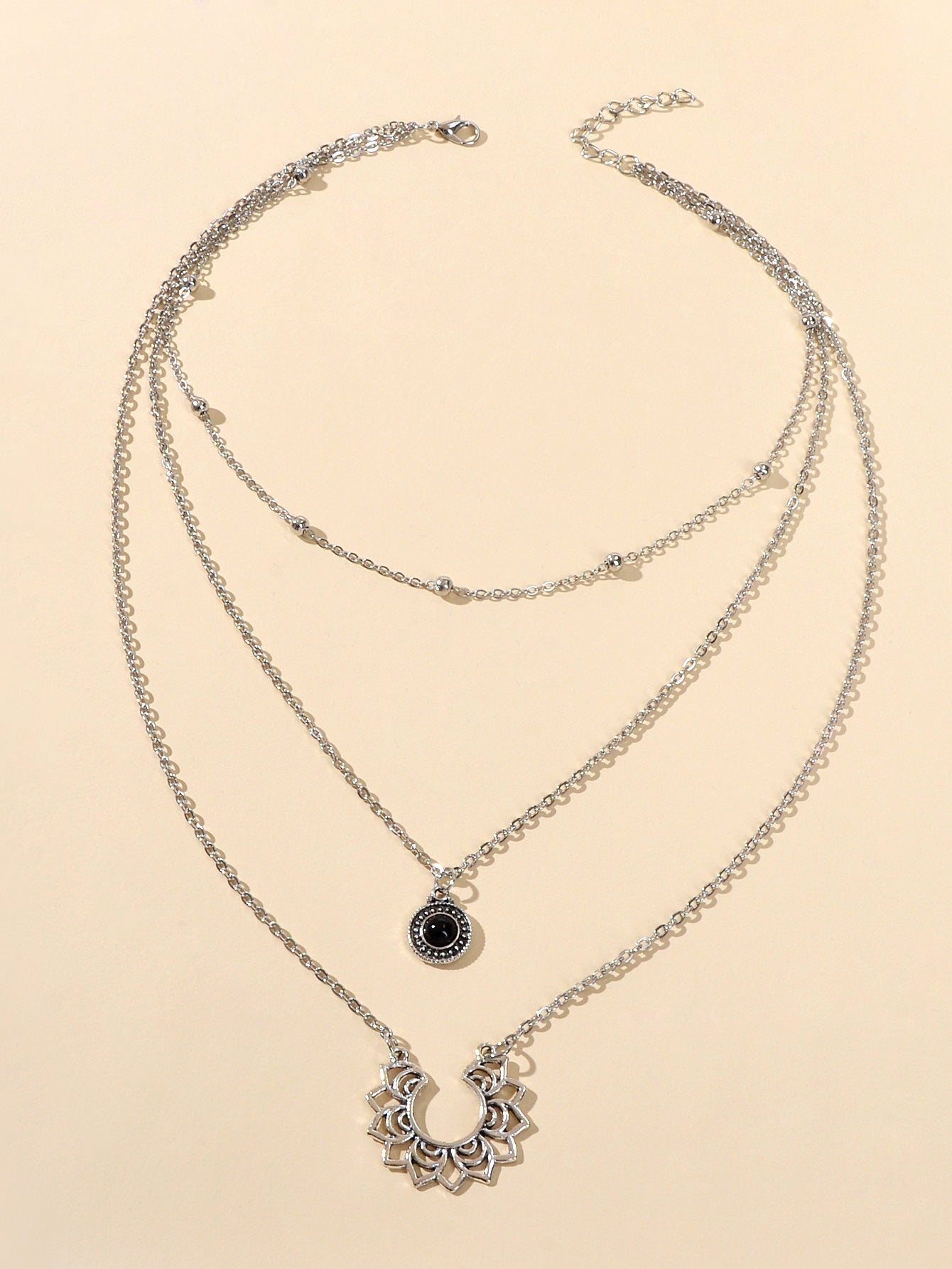 Tribal Ethnic Silver Multi-layer Chain Black Beads Geometric Pendant Necklace-2
