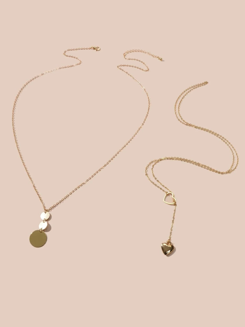 2 pcs Gold Chain Round Disc Love Heart Pendant Necklace Double Collar Women Gift-1