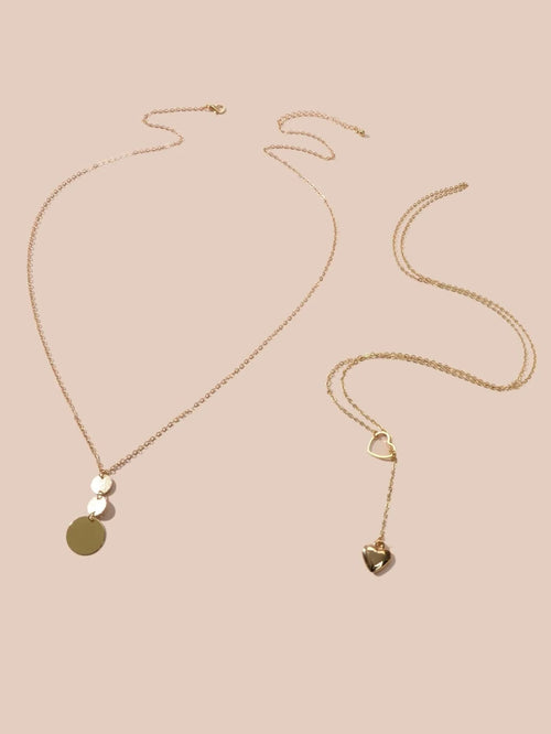 2 pcs Gold Chain Round Disc Love Heart Pendant Necklace Double Collar Women Gift-1