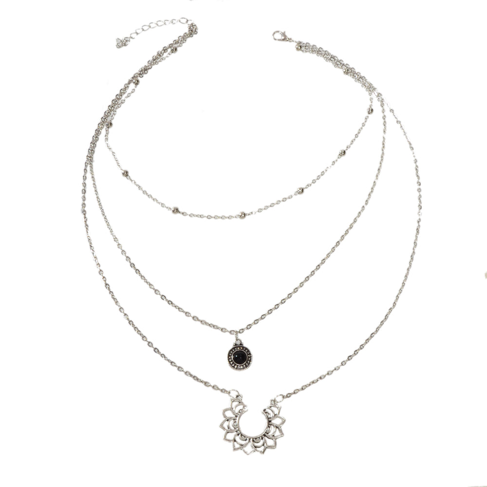 Tribal Ethnic Silver Multi-layer Chain Black Beads Geometric Pendant Necklace-1