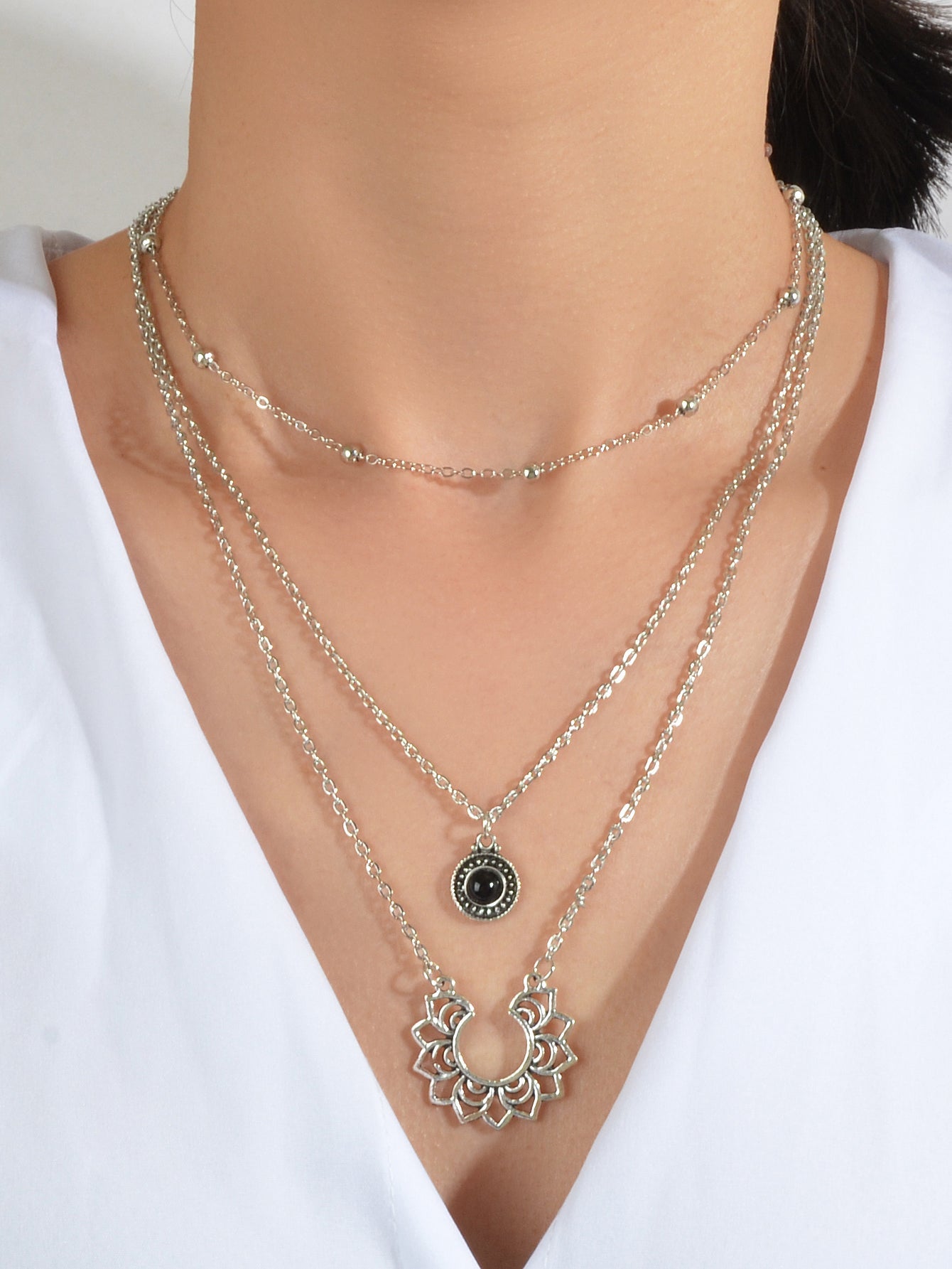 Tribal Ethnic Silver Multi-layer Chain Black Beads Geometric Pendant Necklace-3